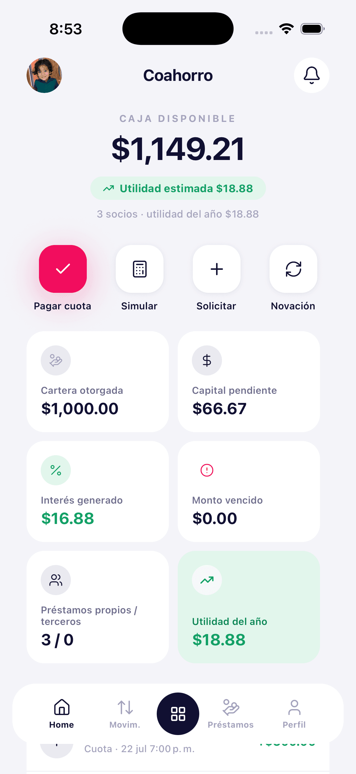 Pantalla principal de la app Coahorro: caja disponible, utilidad estimada y cartera del socio